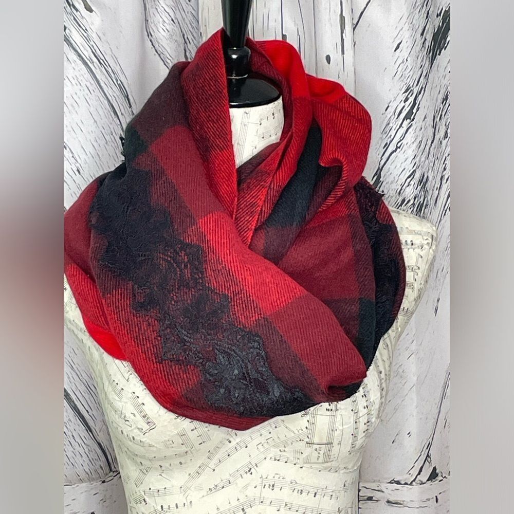 Big Buddha Infinity Scarf Buffalo Checks Lace Trim